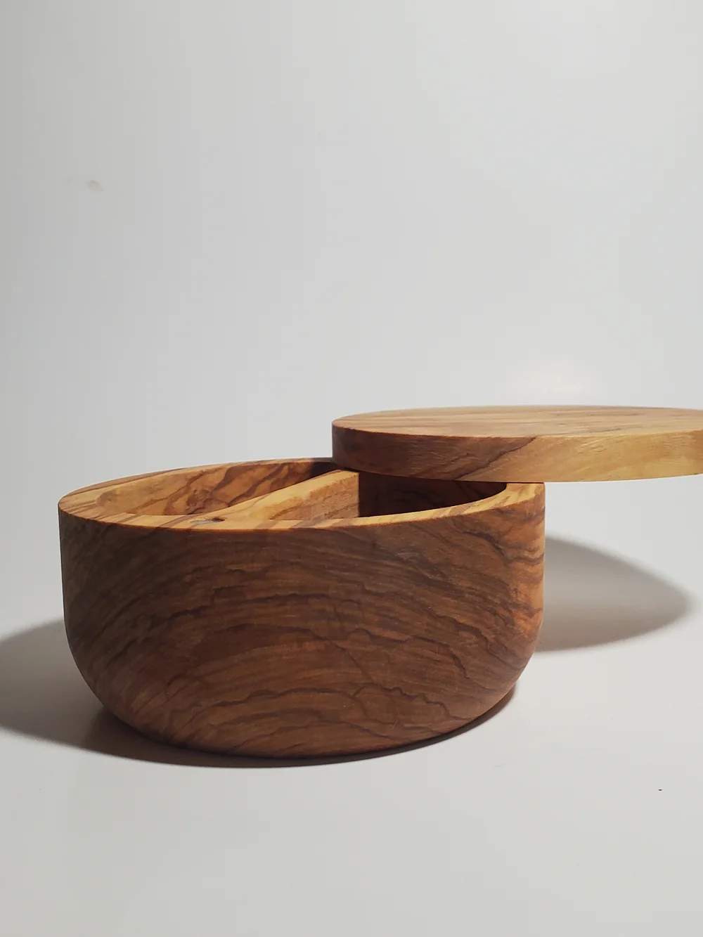 Olive Wood Salt Keeper 2 sections Salt, Pepper, Spice Cellar Magnetic Swivel Lid